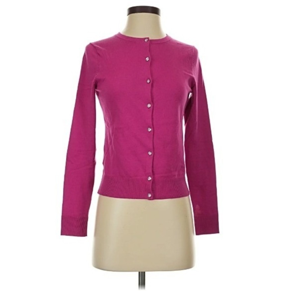 Loft Women's Sz XS Cardigan Sweater Crewneck Magenta Pink Jeweled Buttons Cotton